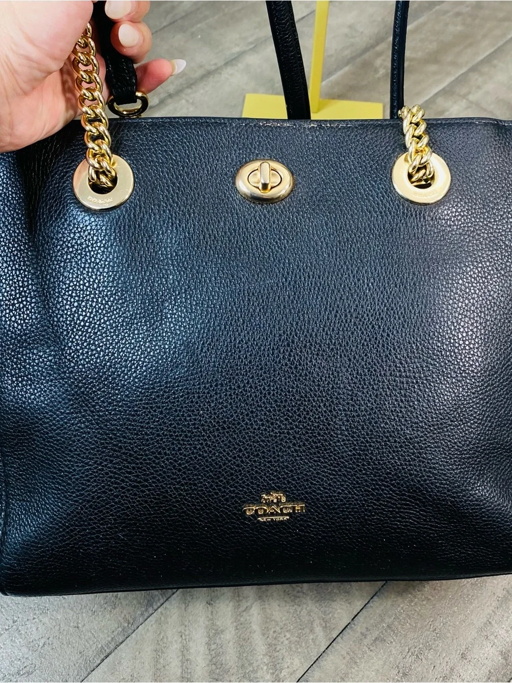 Coach Turnlock Chain Tote Black Polished Pebble Leather Shoulder Bag Purse Gold
